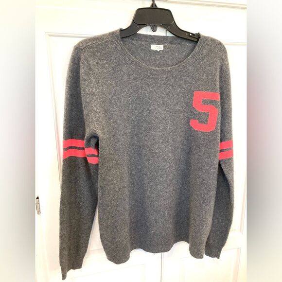 Halogen 100% Cashmere Grey Raglan #5 Stripe Sleeves Preppy Soft Sweater Large - Picture 2 of 8